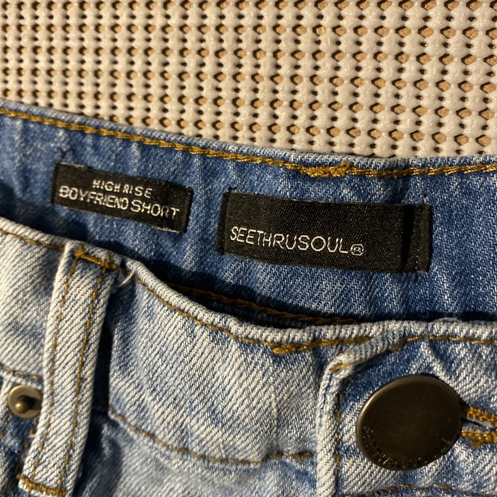 Women's High Rise Boyfriend "See Thru Soul" Shorts Blue Size 29 Raw Hem Distress - Picture 3 of 5
